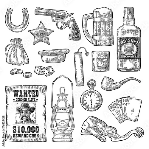 Set with Wild West and casino symbols. Vector vintage engraving black illustration
