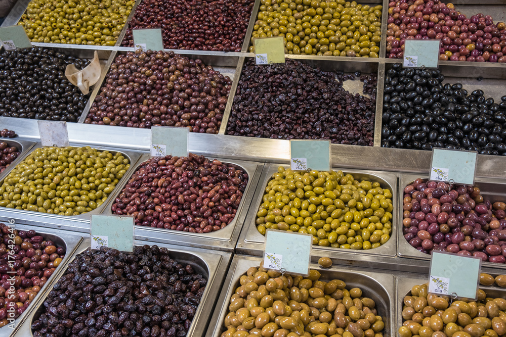 Assortment of fresh olives in the authentic Greek market with empty price tags