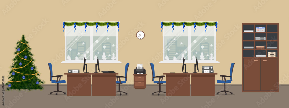 Office room, decorated with Christmas decoration. There are desks, chairs, computers, a printer, a cabinet with documents and Christmas tree in the picture. Vector illustration