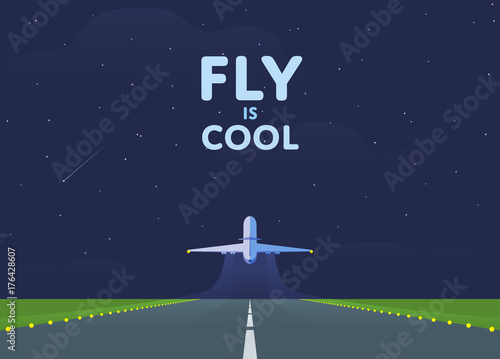 Airplane in the sky, runway and take-off plane. Starry night sky.