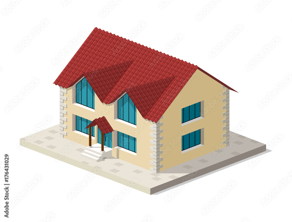 Little isometric house with shadow on white background. Real estate, rent and home concept. Vector illustration