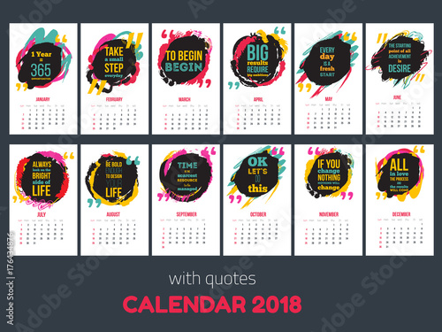 Calendar with inspiring quotes 2018, Bright colorful year template