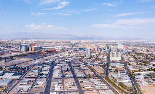 Las Vegas, Nevada, USA - March 13, 2017: Aerial view of Las Vegas strip casino resort towers in Southern Nevada.