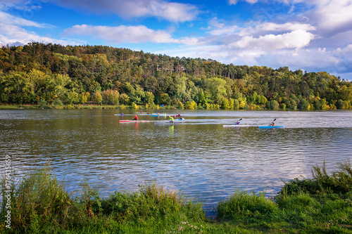 Riverbank of Vah river in Piestany (Slovakia) – kayakers training