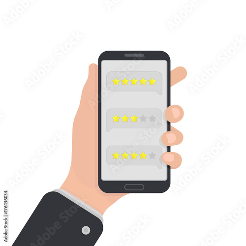User reviews on smartphone. Feedback. Testimonial messages on mobile phone. Review rating in speech bubbles. Good and bad rate. Hand with smartphone. Flat style.