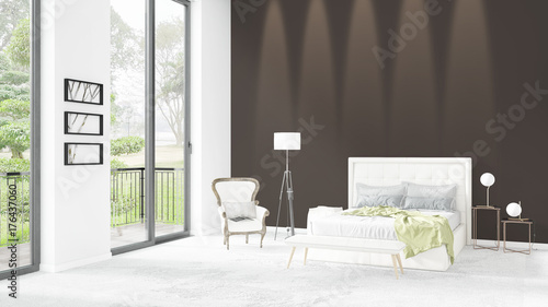 Brand new white loft bedroom minimal style interior design with copyspace wall and view out of window. 3D Rendering. © Roman King