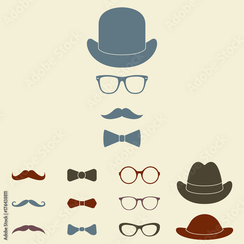 Old fashioned gentleman accessories icon set. Glasses, hat, mustache and bowtie. Vintage or hipster style. Vector illustration.