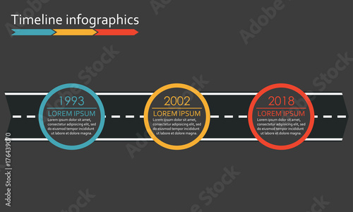 3 steps Timeline infographics with arrow from road. Three options or levels template. Vector illustration.