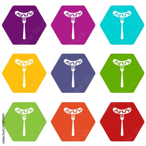 Grilled sausage on a fork mustard icon set color hexahedron