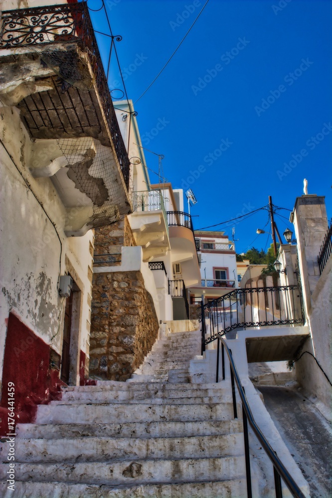 A stairway on a small alley in Pothia, Kalymnos, Greece