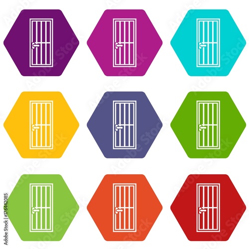Steel door icon set color hexahedron