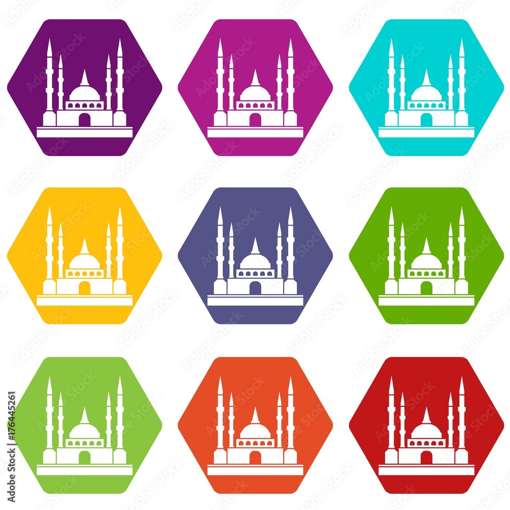 Mosque icon set color hexahedron Mosque icon set color hexahedron