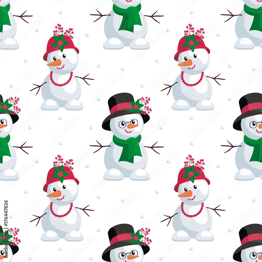 Christmas seamless pattern with the image of snowmen in cartoon style. Vector colorful background