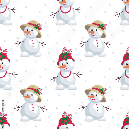 Christmas seamless pattern with the image of snowmen in cartoon style. Vector colorful background