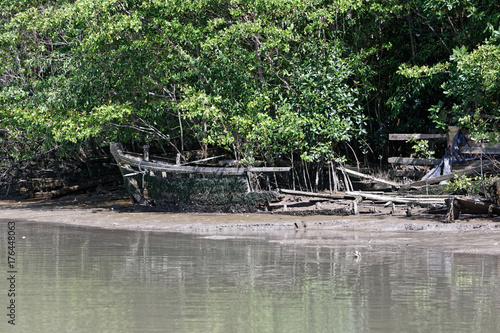 Epave de bateau dans les vases du vieux port de Kourou en Guyane française