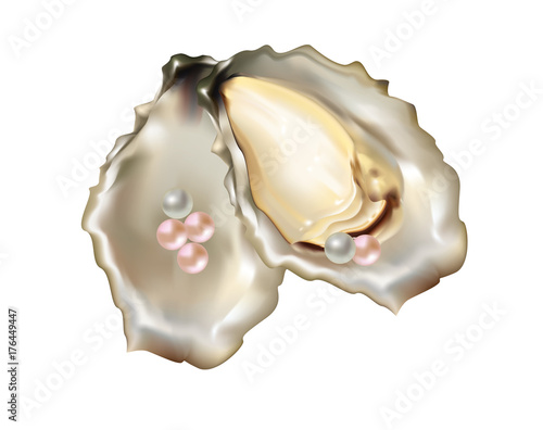 Pink and white pearls in an oyster.