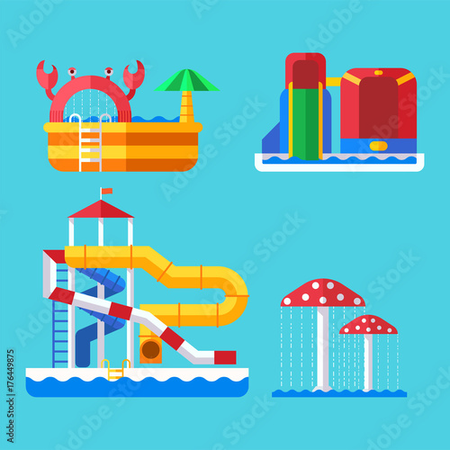 Water aquapark playground with slides and splash pads for family fun vector illustration.