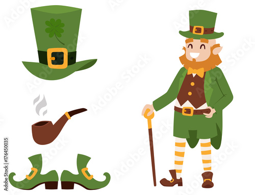 St. Patricks Day vector icons and leprechaun cartoon style symbols irish traditional decoration design vector illustration.