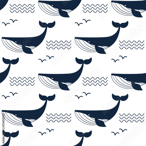 Vector whale illustration aquatic animal seamless pattern background