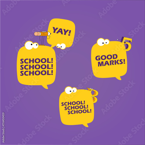 School bright stickers. Colorful school objects and text. Yay school.