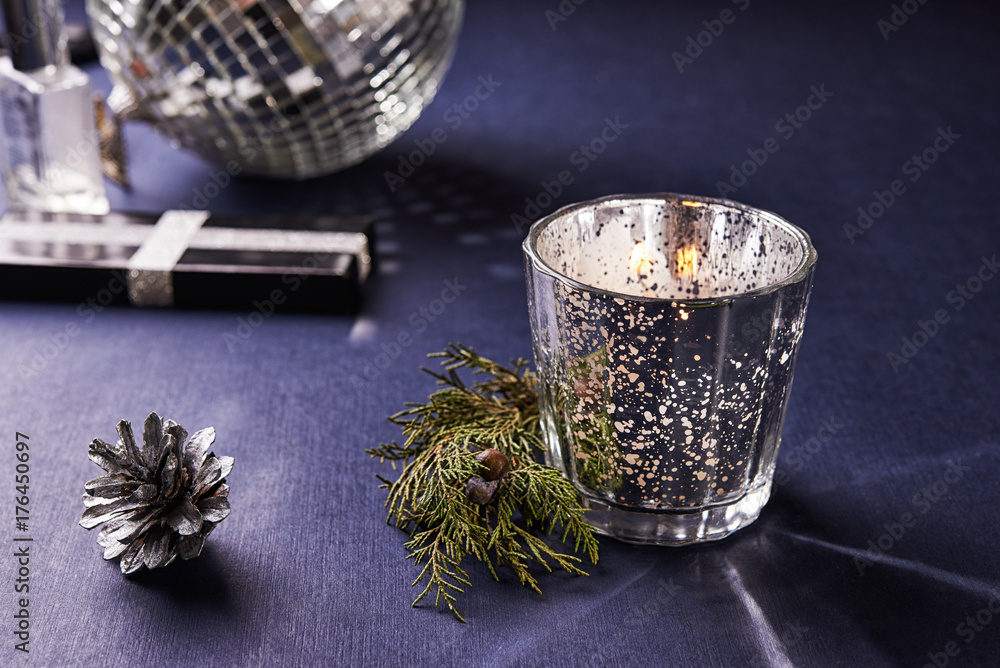 christmas decoration. candle and green twig christmas decoration. candle and green twig