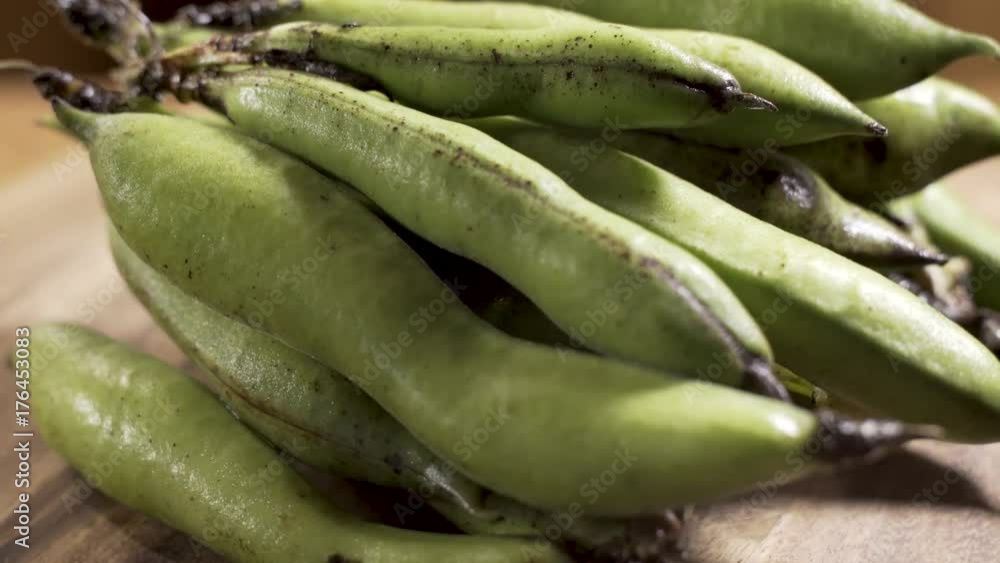 Rotating stack of freshly picked Fava beans in pods. Rotating stack of freshly picked Fava beans in pods.