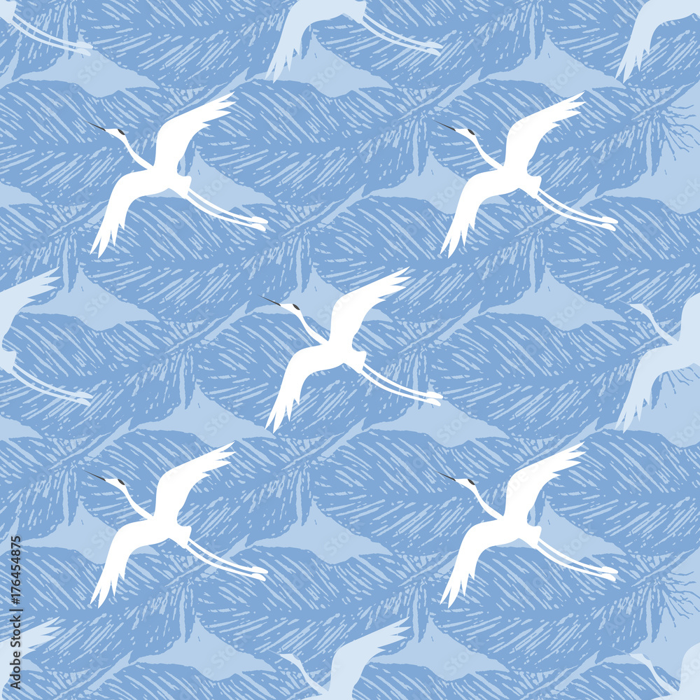 Fototapeta premium Crane birds with feathers on a blue background. Vector seamless pattern