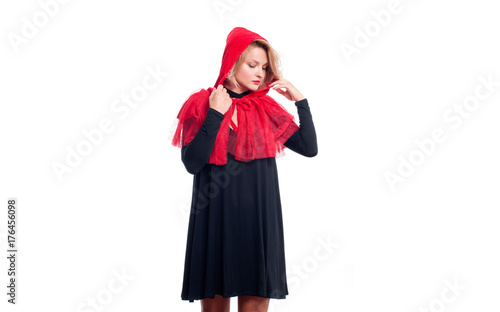 Happy woman in halloween costume Little Red riding hood