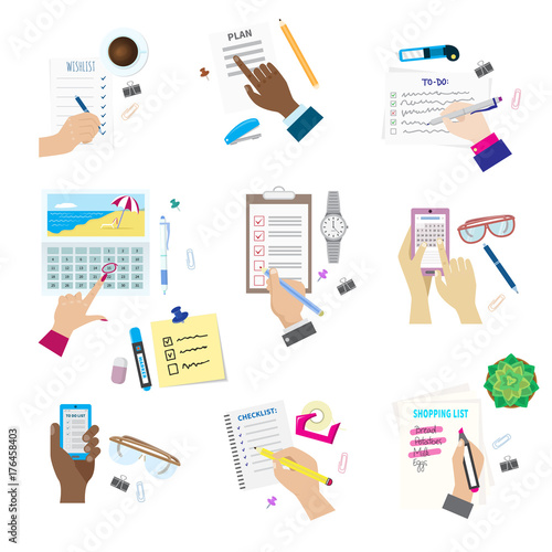 Agenda list concept vector illustration set business note ofiice calendar wishlist checklist shopping list plan to do just