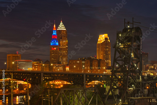 Glowing downtown Cleveland at dusk