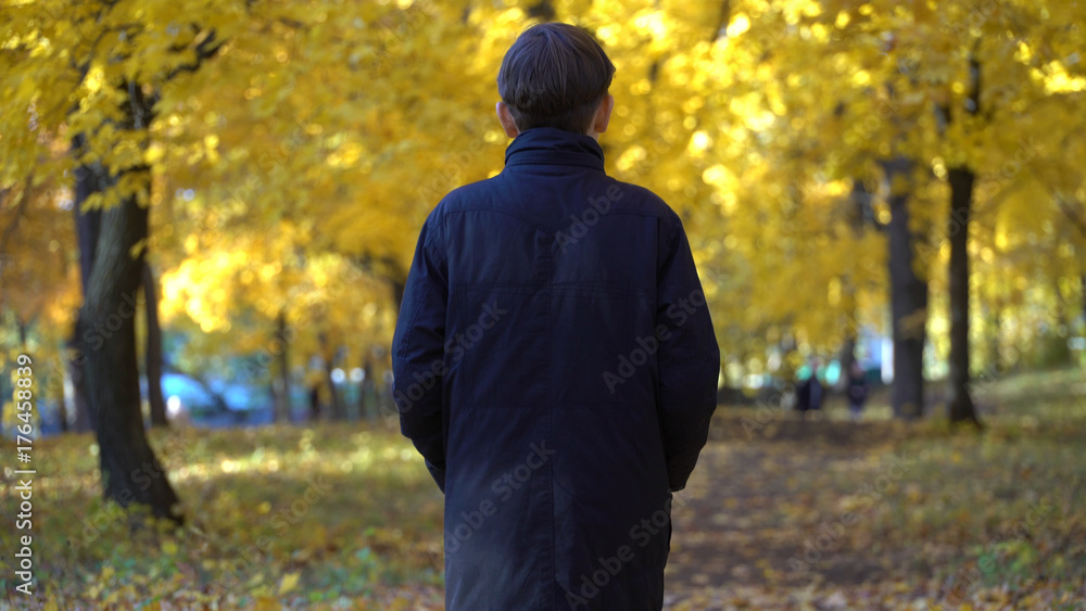 young guy in a black coat in the autumn park. young guy in a black coat in the autumn park.