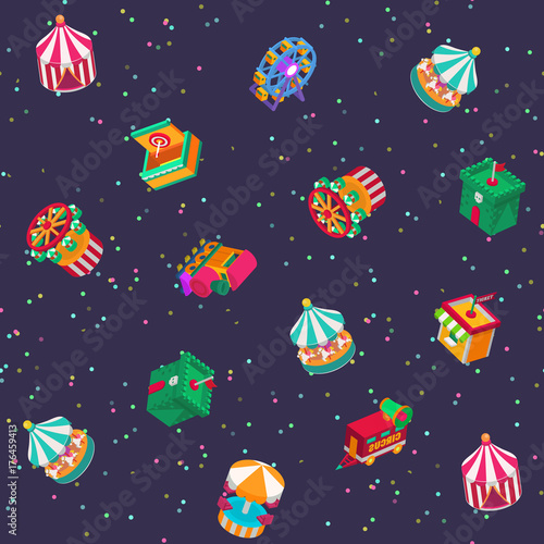 Park amusement attractions isometric carousels kids attractive outdoor entertainment construction vector illustration game 3d seamless pattern background