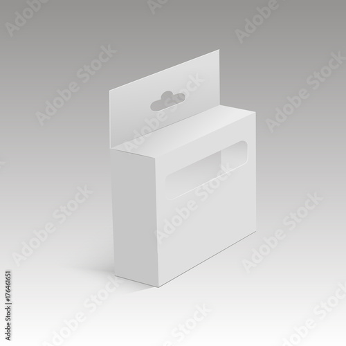White mock up product package box with plastic window for pencils, pens. Vector