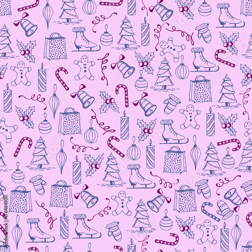 Christmas seamless texture with the Christmas objects made in the hand painted style.