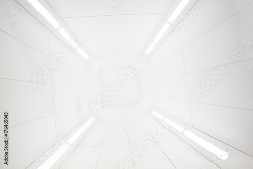 Spaceship interior center view with bright white texture  futuristic interior corridor  space ship  Futuristic architecture 