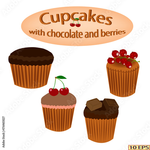 Dessert. Cupcakes with chocolate. Fruit cupcakes with berries.  Vector illustration.