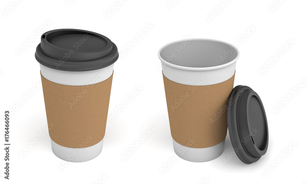 3d rendering of two white paper coffee cups with brown stripes and black lids, one closed and one open. 3d rendering of two white paper coffee cups with brown stripes and black lids, one closed and one open.