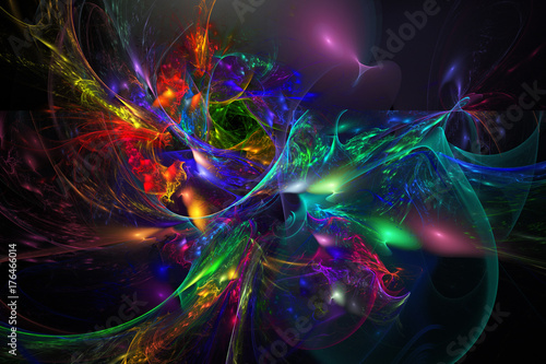 Neon swirl. Abstract rainbow smoky shapes on black background. Fantasy colorful fractal texture. 3D rendering. © Dmitriy Maiorescu