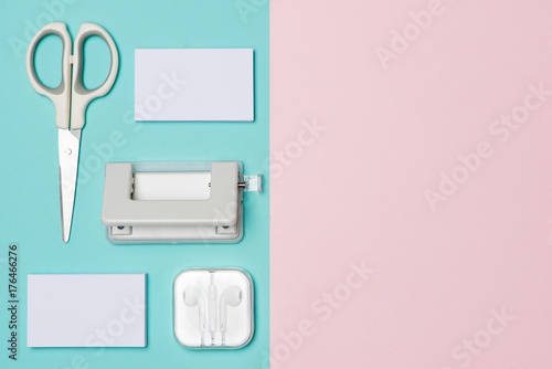 Flat lay, top view of Business cards Mockup on two color background