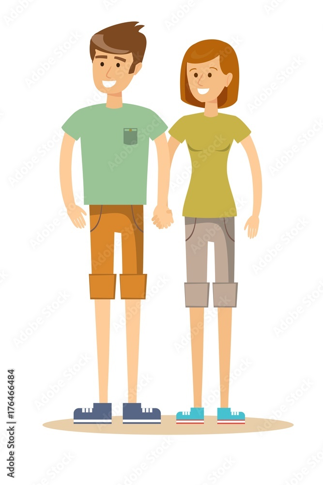 Couple of young people. Man and woman hold hands on a white background. Vector illustration in a flat style Couple of young people. Man and woman hold hands on a white background. Vector illustration in a flat style