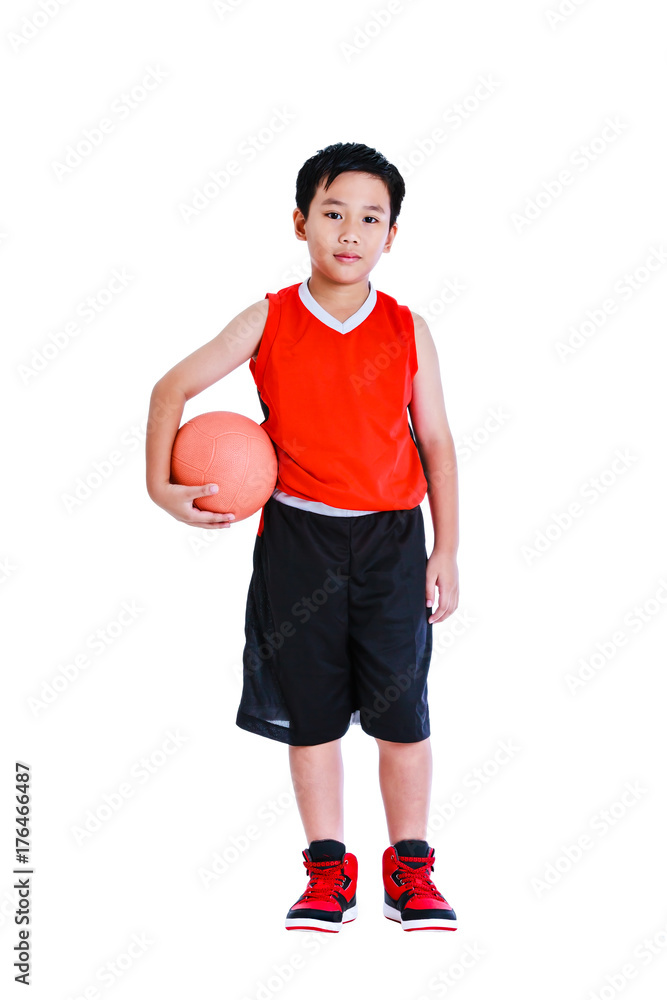 Asian basketball player posing with ball in his hand. Isolated on white background.