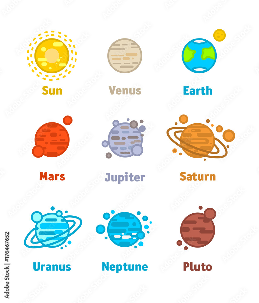 Vector flat illustration of the solar system planets with the names. Vector flat illustration of the solar system planets with the names.