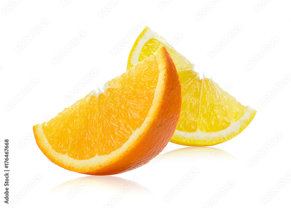 Fresh orange and lemon slices isolated on white background Fresh orange and lemon slices isolated on white background