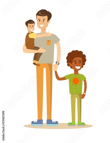 mixed-raceportrait of a father with his two children having a nice time. Mixed race family. Cartoon illustration, vector.