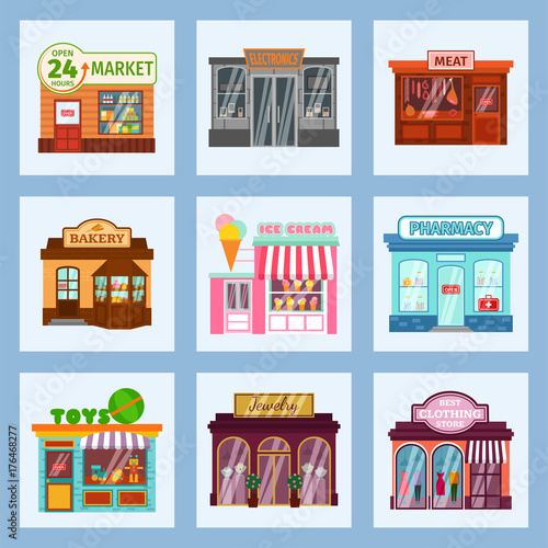 Vector flat design restaurant shops facade storefront market building architecture showcase window illustration.
