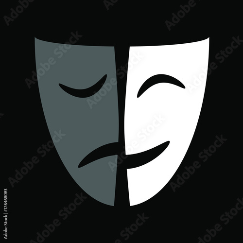 Theatrical masks graphic icon. Masks theatrical isolated sign on black background. Vector illustration
