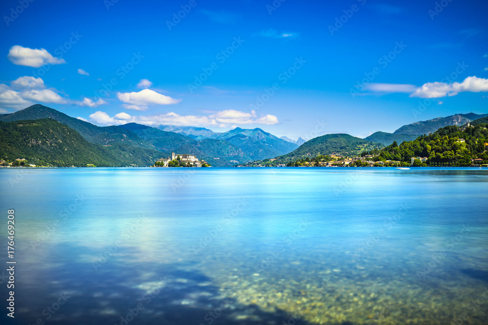 Orta Lake landscape. Orta San Giulio village and island Isola S.Giulio view, Italy