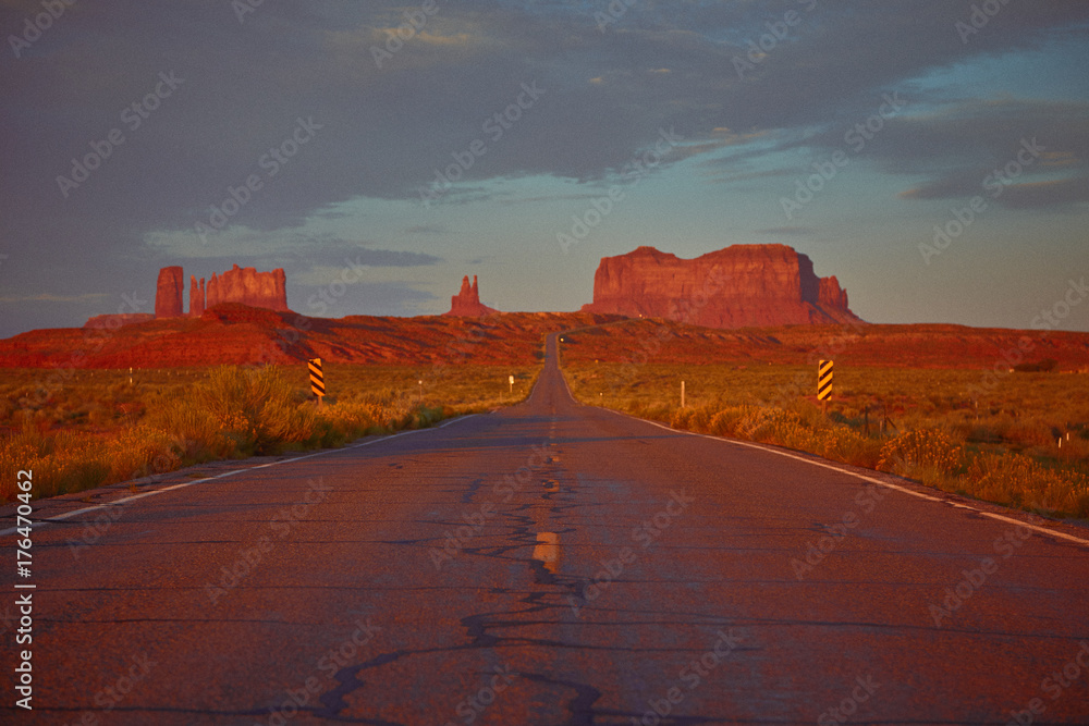 The beautiful landscape of monument valley during a summer sunset