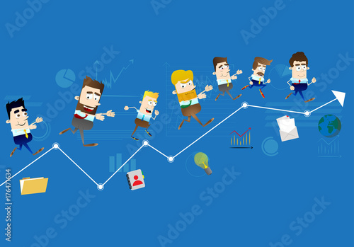 Successful business office workers running towards the goal. Vector cartoon character illustration.