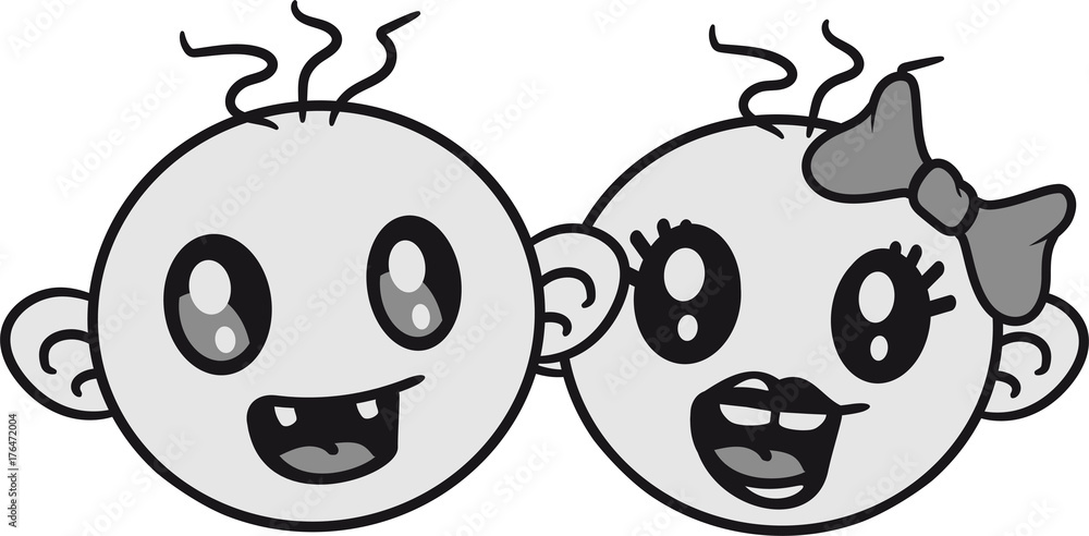 Obraz premium gesichter köpfe 2 zwillinge geschwister kinder paar team freunde schwester bruder mädchen frau weiblich girl hübsch schön lachen sitzend klein süß niedlich windel kind baby comic cartoon